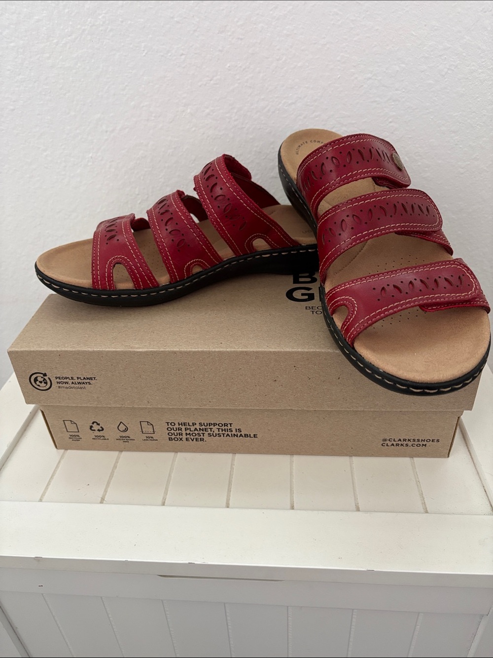 Clarks Red Leather Laurieann Dee Triple-Strap Sandals